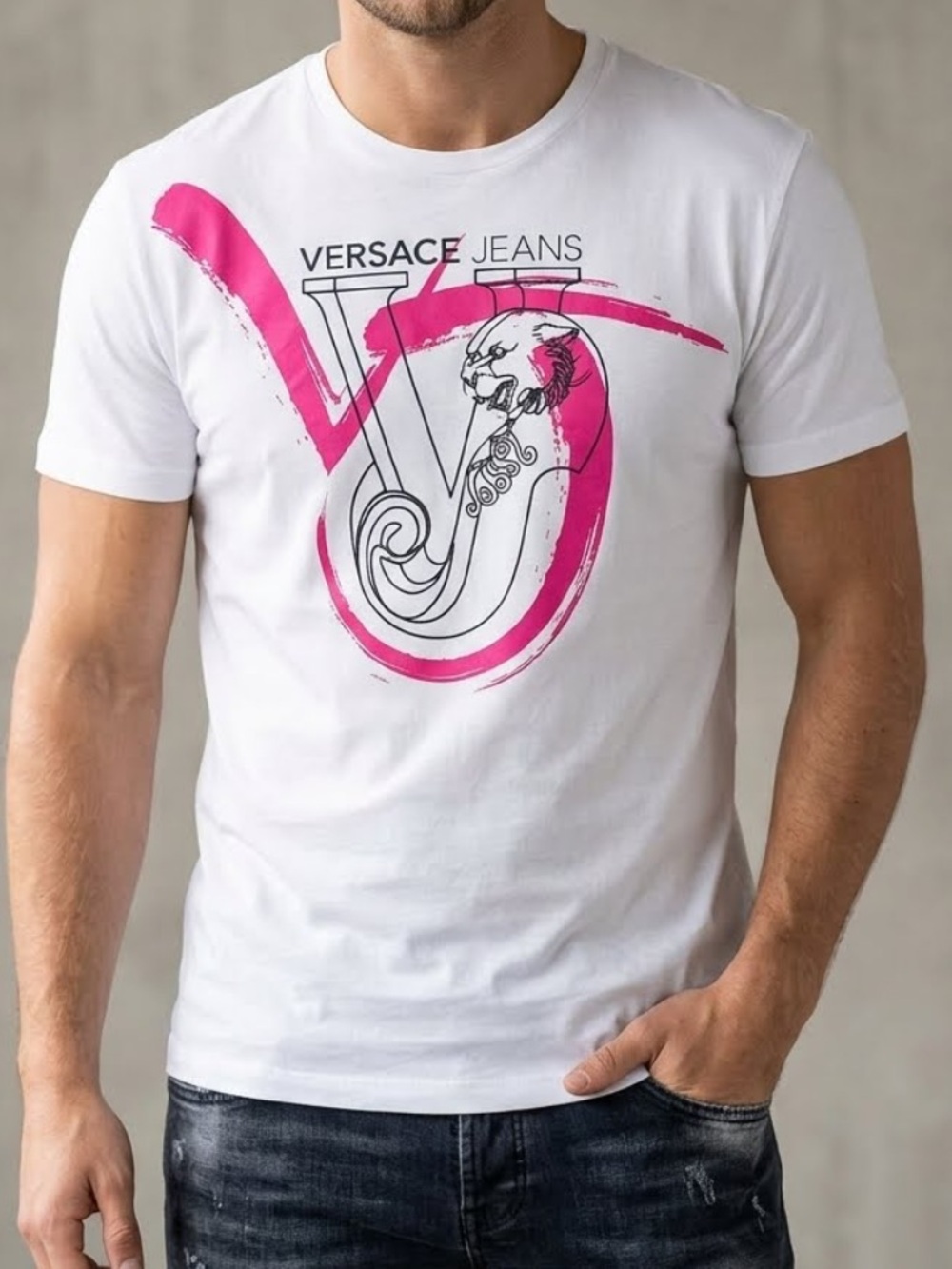 *NEW* Versace Jeans Couture Men's White T-Shirt with Pink Tiger Logo Large NWT